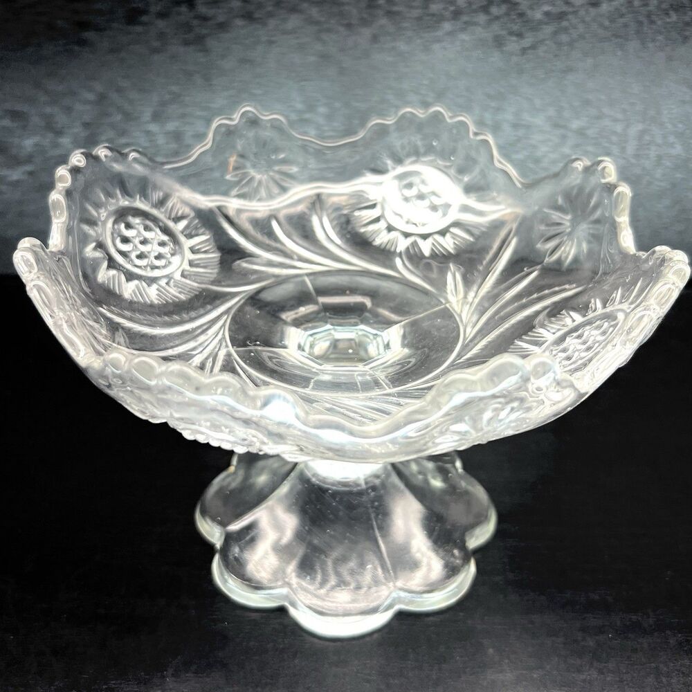 Vintage Clear Glass Compote Bowl/ Candy Dish/ Potpourri -Sunflower/Starburst 6”